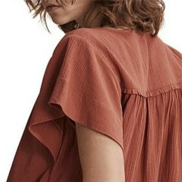 COUNTRY ROAD Crinkle Popover Crepe Cotton Rust Top Blouse - Picture 12 of 16